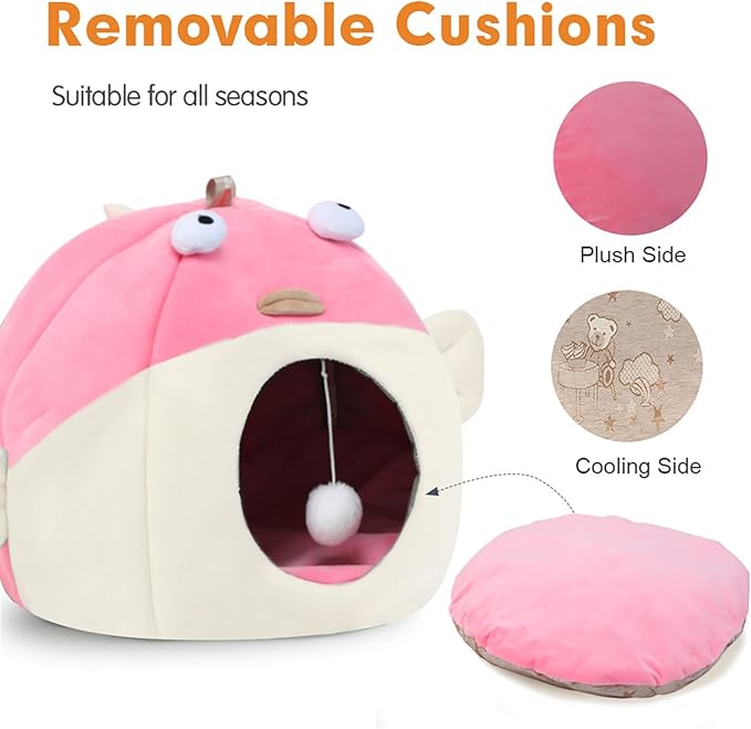Vanansa Cat Bed for Indoor Cats, Large Covered Cat Bed with Anti-Scratch Lining, Ultra Soft Cat Hideaway, Warm Cute Cat House with Hanging Toy, Pet Bed for Large Cats, Puppy Dog 9-13LB (L, 18" x 15")