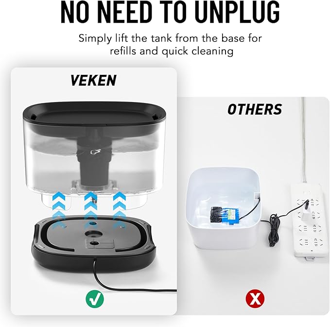 Veken Cat Water Fountain with Detachable Tank, Easy to Clean & Assemble, 84oz/2.5L Automatic Pet Drinking Dispenser with Quiet Operation, Appealing to Cats, Small Pets and Dog, Black