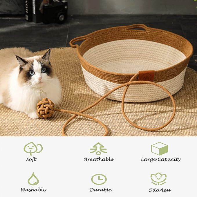 Handwoven Cotton Rope Cat Bed Cat Hammock Foldable Sleeping Nest Basket Handmade Natural Cradle Scratcher Cuddler for Kitten Cute Style with a Playing Rope Ball Large Brown