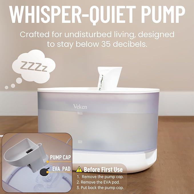 Veken Cat Water Fountain, 84oz/2.5L Automatic Pet Water Fountain Dog Water Dispenser with a Detachable Water Tank, Easy Cleaning for Cats, Dogs (White)