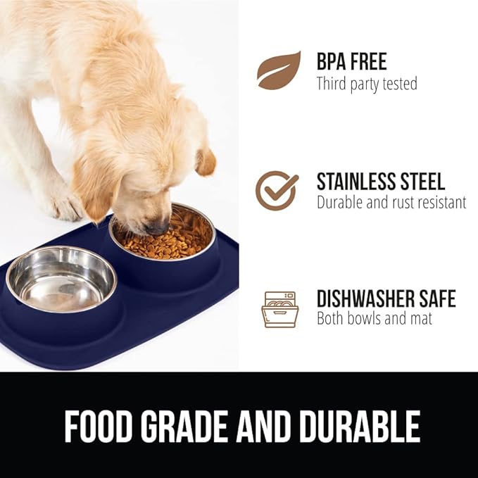 GORILLA GRIP 100% Waterproof BPA Free Cat and Dog Bowls Silicone Feeding Mat Set, Stainless Steel Bowl Slip Resistant Raised Edges, Catch Water, Food Mess, No Spills, Pet Accessories, 2 Cup, Navy