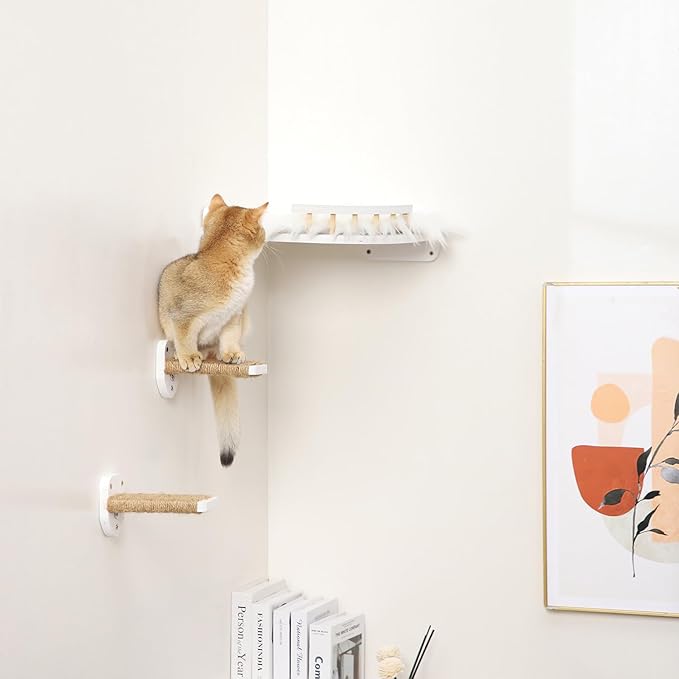 3 Pcs Cat Wall Steps, Cat Shelves and Perches for Wall, Wall-Mounted Cat Climbing Shelf with Hemp Rope Covered, Cat Wall Furniture Steps Set with Scratching Pads for Cats Playing and Climbing (White)