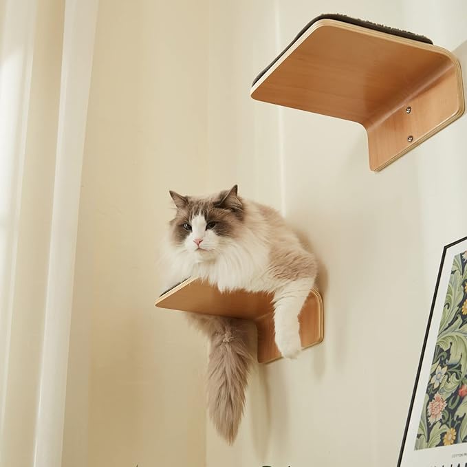 2 Set Cat Wall Steps - Wooden Cat Climbing Shelf for Wall - Cat Wall Stairs with Scratching Mat - Wall Mounted Cat Furniture for Jumping, Playing, and Lounging