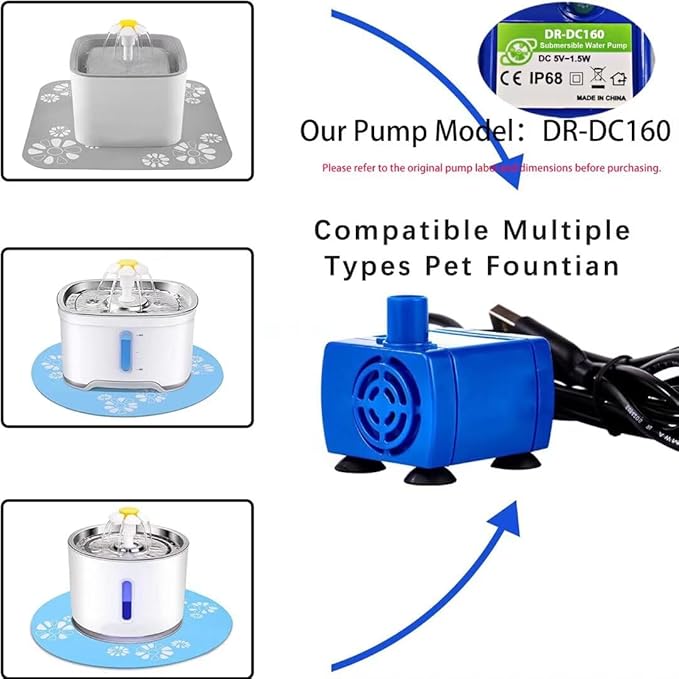 Cat Water Fountain Pump, Pet Water Fountain Pump Replacement Pump DR-DC160 Motor for for Round, Cubic, Flower Cap Cat Fountain