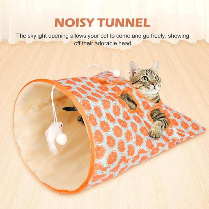 SYCOOVEN Cat Tunnel Bag for Indoor Cats, Pet Collapsible Tunnel Crinkle Sack Bag with 1 Little Mouse & Toy Ball, Crinkle Paper Interactive Cat Toys Hide and Seek(Orange Pattern)