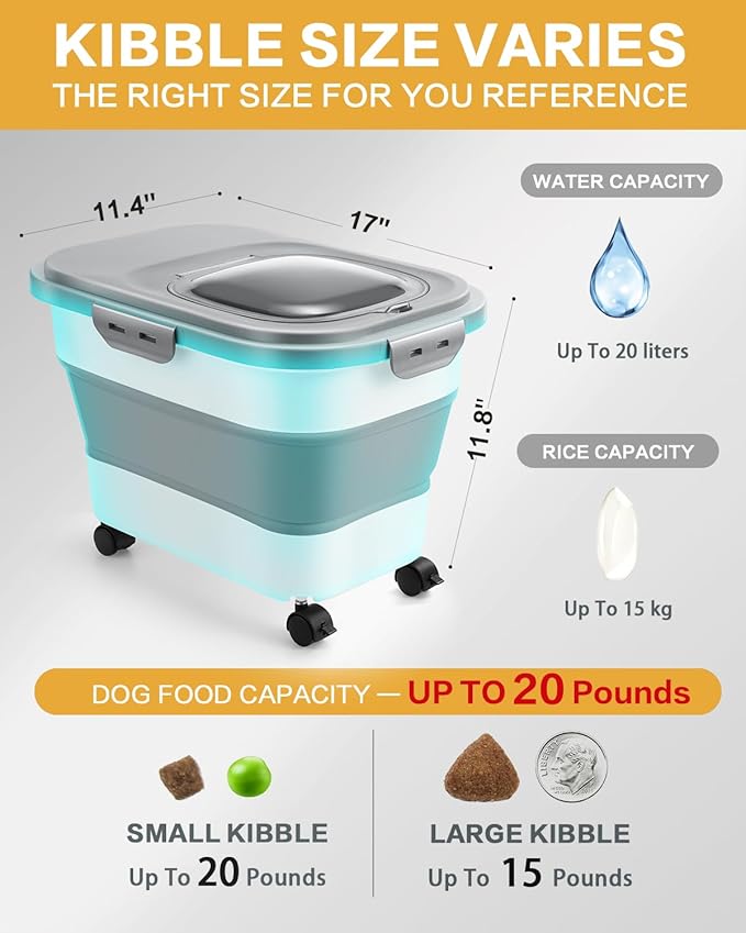 ANVS Airtight Collapsible Pet Food Container With Casters, Scoop and Small Container - Keeps Up To 20lbs Dry Dog Food Fresh (Grey)
