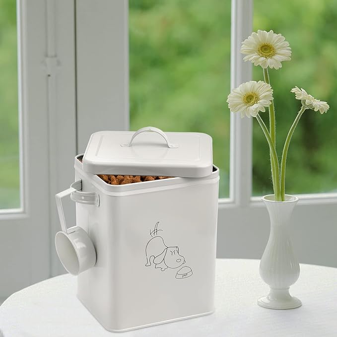 SOUJOY Pet Treat and Food Storage Bin with Lid and Scoop, 6LBS White Vintage Farmhouse Storage Tin, Coated Carbon Steel Canister, Gift for Dogs Owners