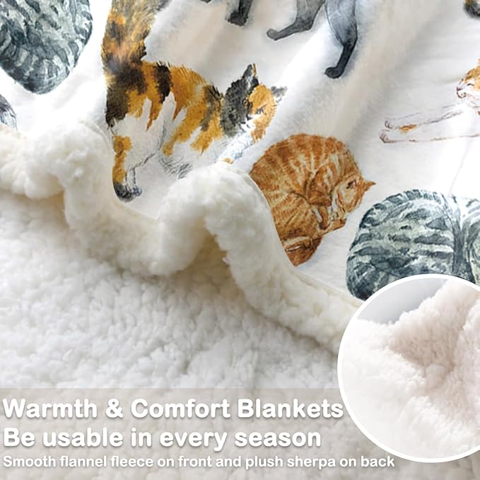 Sleepwish Colorful Cat Fleece Throw Blanket for Couch Chair Fuzzy Kitten Print Plush Sherpa Blanket Gifts for Cat Lovers Kids, Queen(90" X 90")