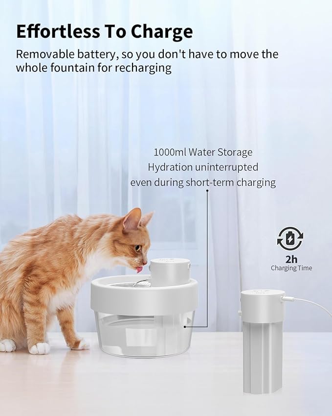Portable Cat Water Fountain - Rechargeable Pet Fountain, Odorless and Easy to Clean Cat Water Dispenser, 34oz Capacity, Ideal for Cats and Dogs