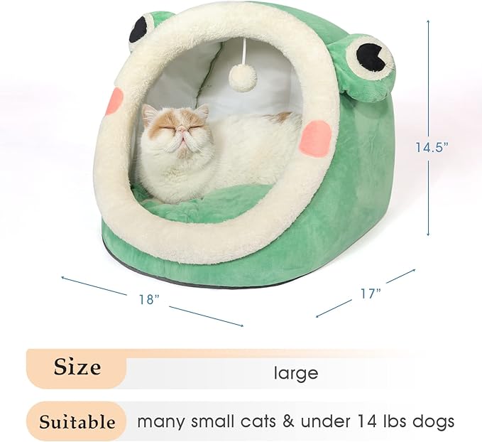 Jiupety Cute Cat Bed, Indoor Lovely Crystal Velvet Igloo for Cat and Small Dog, Warm Cave Sleeping Nest Bed for Puppy and Kitten, Green Frog, L.