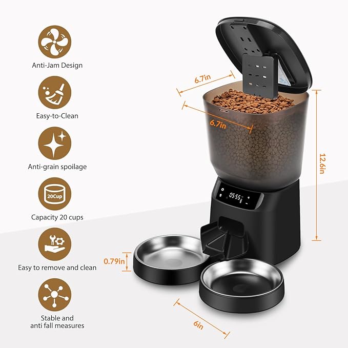 Automatic Cat Feeders for Two Cats, 5L/20 Cups Double Automatic Cat Food Dispenser with 2 Stainless Bowls,10s Meal Call and Timer Setting 20 Portions 6 Meals Per Day,Pet Feeder for Cat and Dog Black
