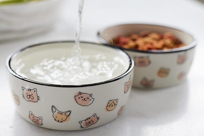 Pearhead Cat Faces Pattern Ceramic Pet Bowl, Holds 2 Cups, Medium Water and Food Dish, Microwave and Dishwasher Safe