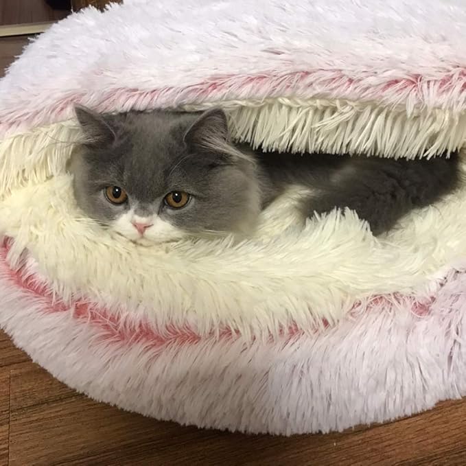 La La Pet® Modern Pet Soft Plush Burrowing Cave Faux Fur Cuddler Round Cat Bed Self Warming Autumn Winter Indoor Snooze Sleeping Cozy Nest for Mini Medium Sized Dog Kitty Teddy Kennel (Pink, M)