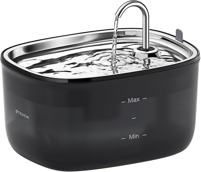 Stouchi Cat Water Fountain 85oz/2.5L, Stainless Steel Faucet Pet Water Fountain for Cats Inside with Led Light, Automatic Cat Water Dispenser Bowl, Cat Waterer Fountain for Multiple Pets, Black