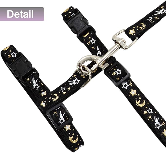 Cat Harness and Leash Set for Outdoor Walking Escape Proof Adjustable Soft Safety Strap with Golden Star and Moon Design Glow in The Dark Black XL
