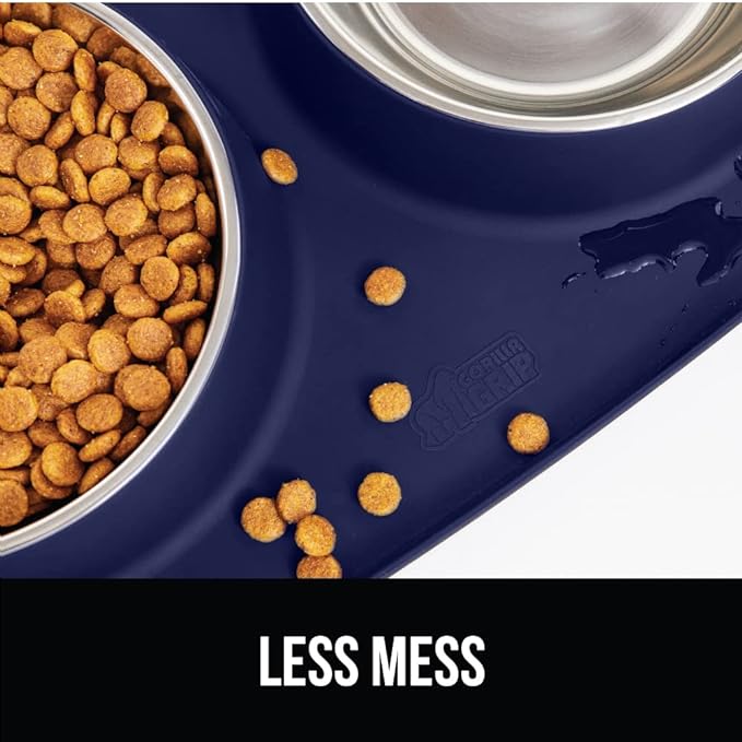 GORILLA GRIP 100% Waterproof BPA Free Cat and Dog Bowls Silicone Feeding Mat Set, Stainless Steel Bowl Slip Resistant Raised Edges, Catch Water, Food Mess, No Spills, Pet Accessories, 4 Cup, Navy