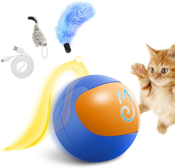 Migipaws Interactive Cat Ball Toy Set, Fun Tracker, Automatic Rolling Chase Ball with Fluffy Tail, A Small Mice, Rechargeable(Blue)
