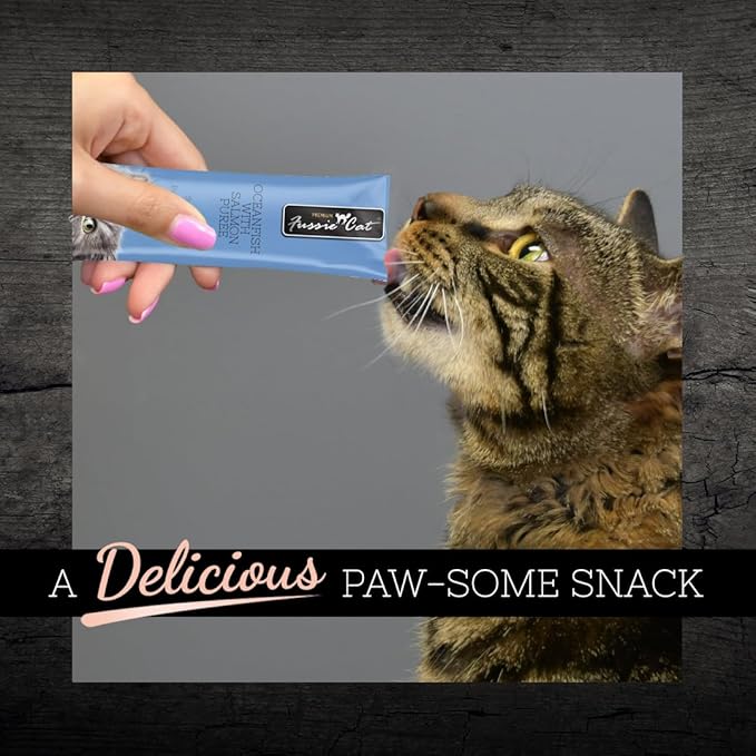 Fussie Cat Ocean Fish and Salmon Puree, lickable cat Treats, 0.5oz Pouch Pack of 4