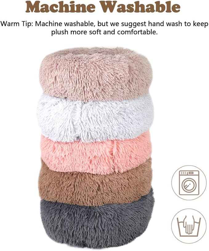 otoez Round Donut Dog Bed for Small Dogs, Washable Calming Dog Bed Cuddler Anti Anxiety Fluffy Dog Cat Bed with Non-Slip Waterproof Bottom (23.6", Khaki)