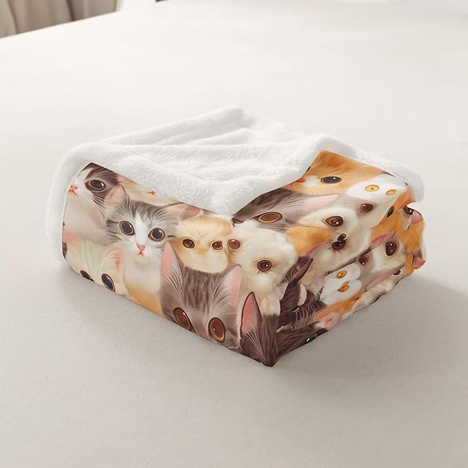 Cat Throw Blanket Kids Girls Cute Kitten Cats Print Warm Fuzzy Blanket for Bed Sofa Kawaii Lovely 3D Animal Fleece Sherpa Blanket Soft Animal Cat Collection Flannel Blanket Room Decor King 87"x95"