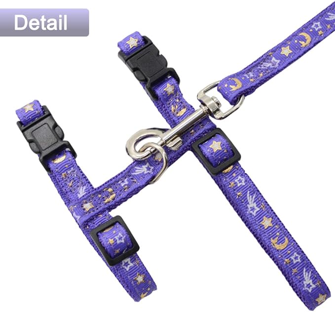 Cat Harness and Leash Set for Outdoor Walking Escape Proof Adjustable Soft Safety Strap with Golden Star and Moon Design Glow in The Dark Purple Large