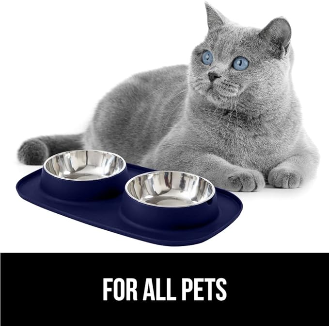 GORILLA GRIP 100% Waterproof BPA Free Cat and Dog Bowls Silicone Feeding Mat Set, Stainless Steel Bowl Slip Resistant Raised Edges, Catch Water, Food Mess, No Spills, Pet Accessories, 4 Cup, Navy