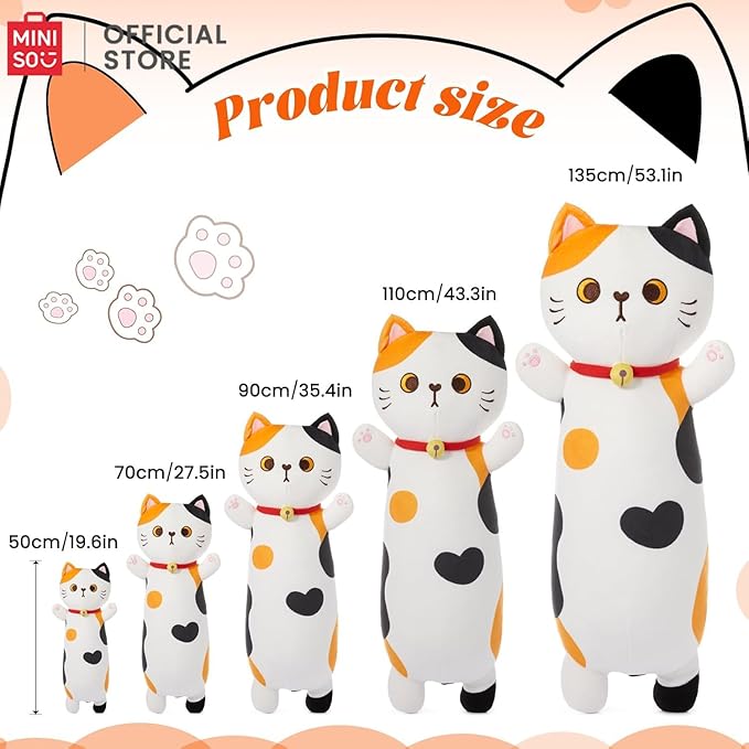 MINISO Long Cat Plush Pillow Kitten Body Pillow Stuffed Animals Soft Throw Sleeping Pillow Kawaii Cuddle Cartoon Stuffed Plush Toy for Kids Boys Girls, 20"