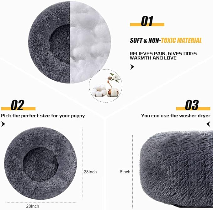 Dog Bed Calming Dog Beds for Small Medium Large Dogs - Round Donut Washable Puppy Dog Bed, Anti-Slip Faux Fur Fluffy Donut Cuddle Anxiety Cat Pet Bed(28" Dark Grey)