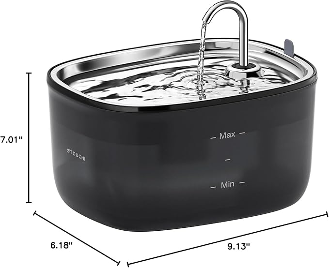 Stouchi Cat Water Fountain 85oz/2.5L, Stainless Steel Faucet Pet Water Fountain for Cats Inside with Led Light, Automatic Cat Water Dispenser Bowl, Cat Waterer Fountain for Multiple Pets, Black