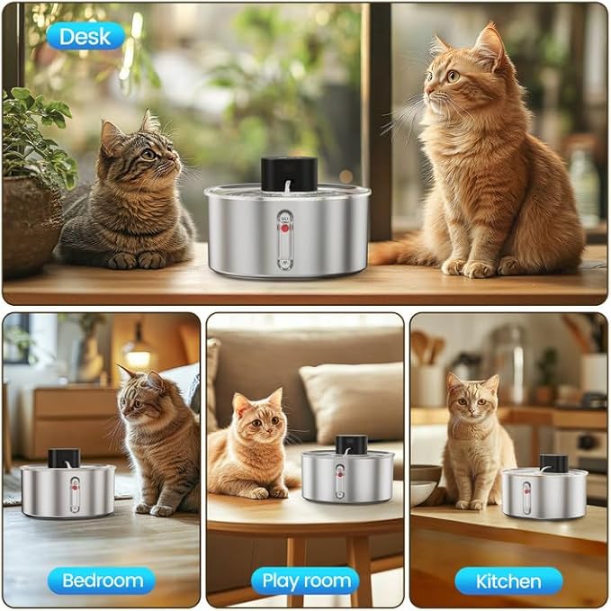 Pumpless Cat Water Fountain with 3 Filter - 3.2l/108oz Wireless Stainless Steel Pet Water Fountain, Cordless Automatic Dispenser, Battery Operated Fountain with Motion Sensor, Ultra Quiet