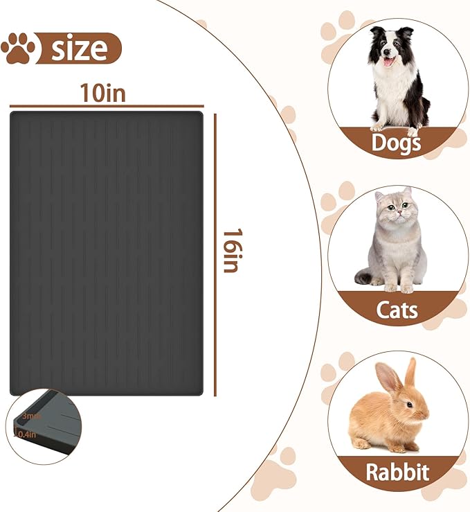Dog Food Mat, Silicone Dog and Cat Mat for Food and Water Bowls, Waterproof Raised Edge Pet Feeding Mat for Contain Spills Protects Floors, Multiple Colors & Sizes for Pets (16"x10", Light Gray)