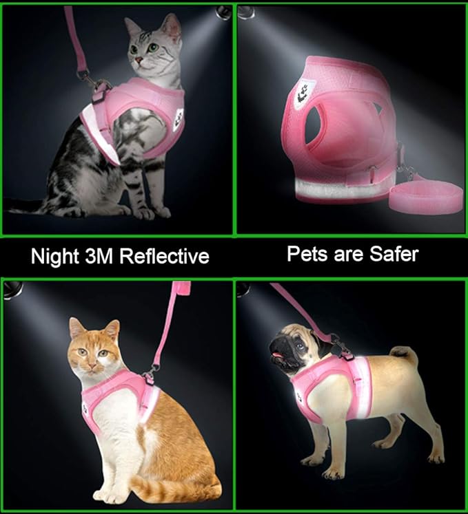 Cat Harnesses and Puppy Harness with Leashes Set, Escape Proof Cat Harness, Adjustable Reflective Soft Mesh Vest Fit Puppy Kitten Rabbit Ferrets's Outdoor Harness(pinkXL)