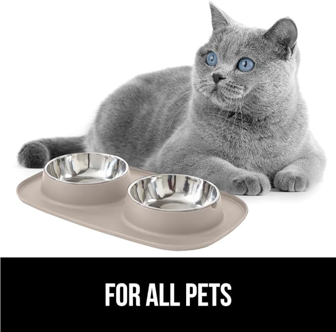 GORILLA GRIP 100% Waterproof BPA Free Cat and Dog Bowls Silicone Feeding Mat Set, Stainless Steel Bowl Slip Resistant Raised Edges, Catch Water, Food Mess, No Spills, Pet Accessories, 1 Cup, Beige