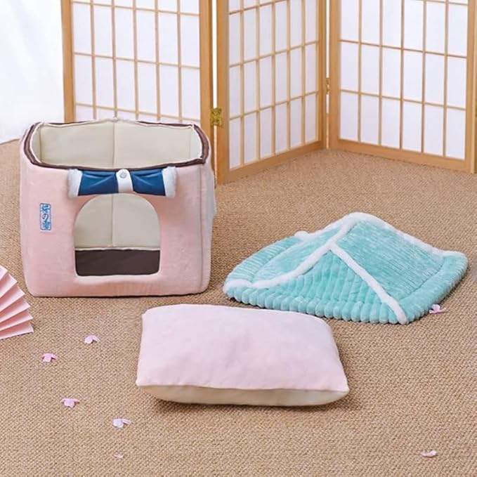 Cute Cat House,Pink Cat House with Rolled Door Curtain,Closed Cat Cave/Dog House, Washable Cat Bed,Cozy Dog Tent (Pink House)