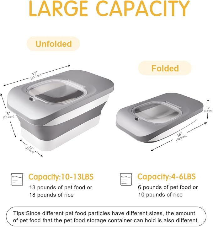 10-13 Lbs Cat Food Container,Collapsible Cat Food Storage with Airtight Lid,Silicone Pet Bowl and Cat Food Scoop,Pet Food Storage containers Dry Food for Pets, Rice (Grey 13lbs 02)
