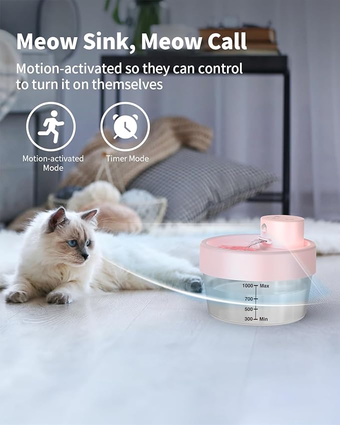 Cat Water Fountain: 34oz/1 L Water Fountains for Cats Indoor with Motion Sensor- Battery Operated Wireless Cat Water Fountain Cordless - Place Anywhere -Pewkim