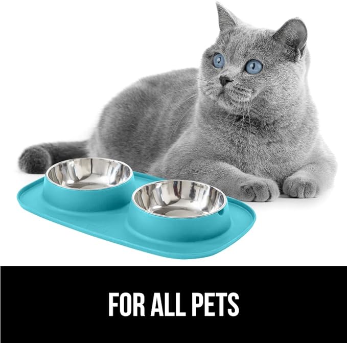 GORILLA GRIP 100% Waterproof BPA Free Cat and Dog Bowls Silicone Feeding Mat Set, Stainless Steel Bowl Slip Resistant Raised Edges, Catch Water, Food Mess, No Spills, Pet Accessories, 3 Cup, Turquoise