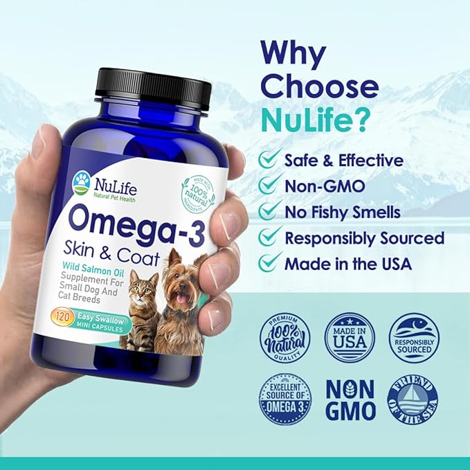 Omega 3 Fish Oil for Small Dogs & Cats - Pet Fish Oil Supplement with DHA & EPA Fatty Acids for Healthy Skin and Coat - Improves Shedding & Relieves Dry, Itchy Skin - 500mg - 120 Capsules