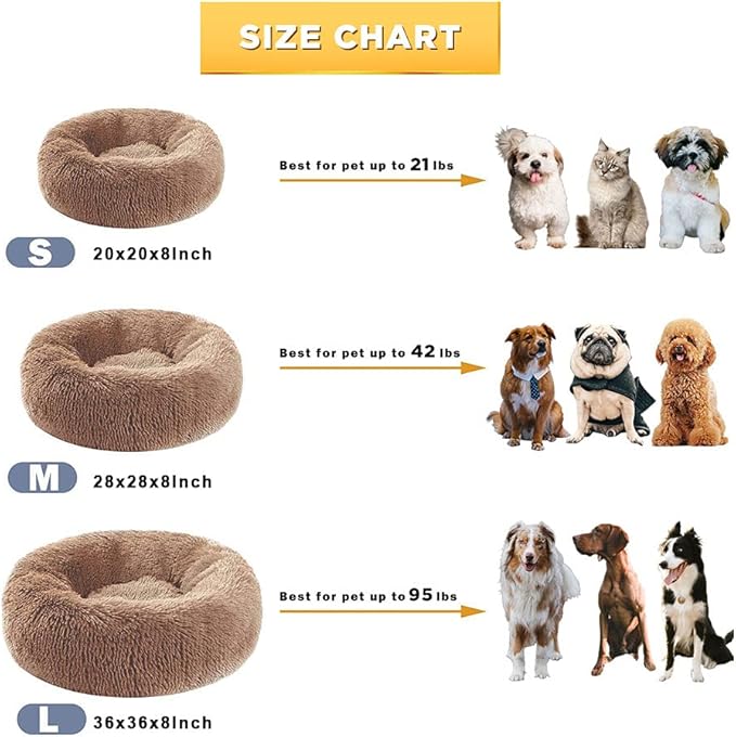 Dog Bed Calming Dog Beds for Small Medium Large Dogs - Round Donut Washable Dog Bed, Anti-Slip Faux Fur Fluffy Donut Cuddler Anxiety Cat Bed(28'' Khaki