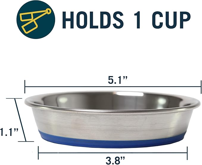 Our Pets DuraPet Stainless Steel Non-Slip (Cat Food Bowl or Water Bowl) (Holds up to 1 Cup of Wet or Dry Food) Easy to Clean