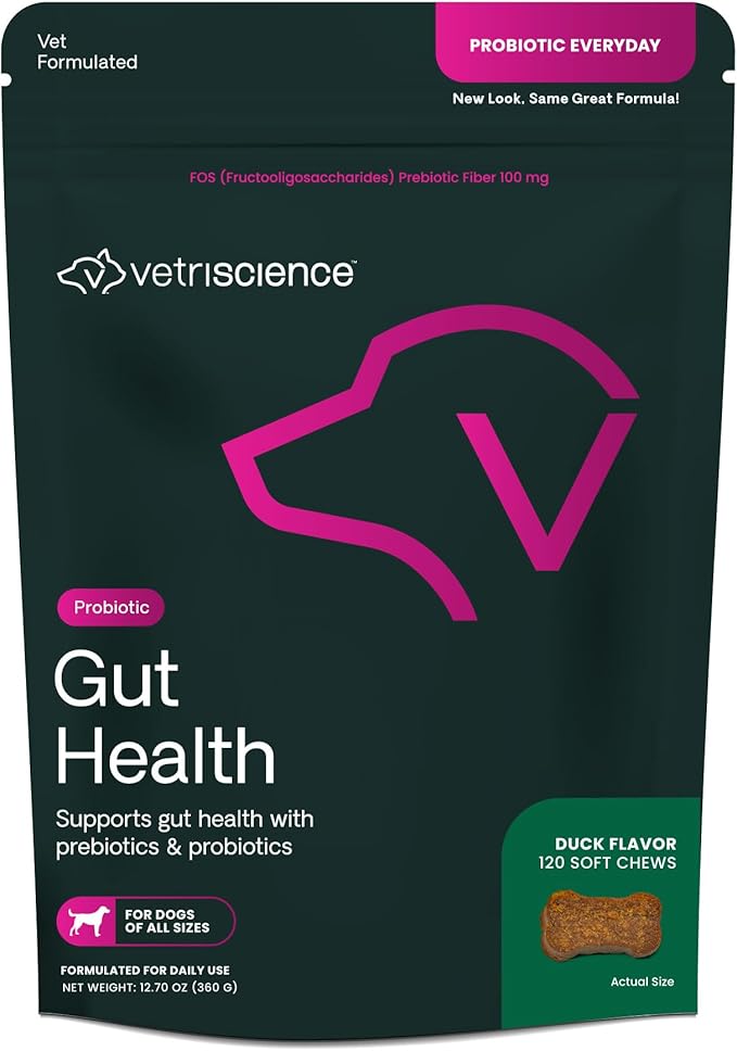 VetriScience Gut Health Chews, Probiotic Everyday Digestive Supplement for Dogs, Digestion Support, Gas & Diarrhea, Immune Support, 1 Billion CFU Per Chew, Duck, 120 Count