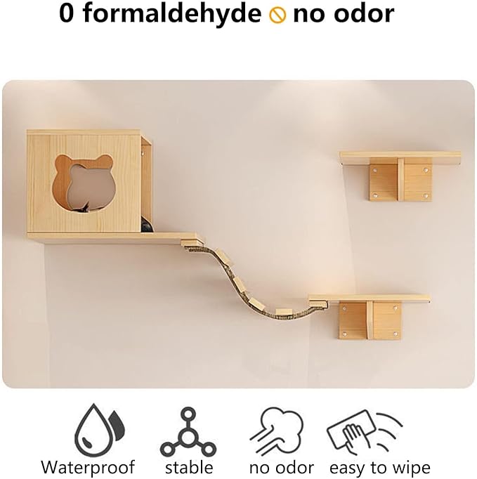 Cat Wall Shelves, 3 Levels Cat Furniture with 1 Condo, 2 Shelves, 1 Scratching Post, 1 Bridge Ladder, Pine Wood