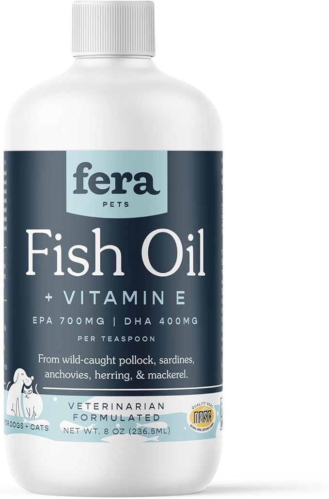 Fera Pet Organics Omega 3 Fish Oil with Vitamin E for Dogs & Cats, Vet Created Supplement to Boost Immune System, Support Brain Function, Nourish Skin and Coat of Pets, 8 Oz, 48 Servings