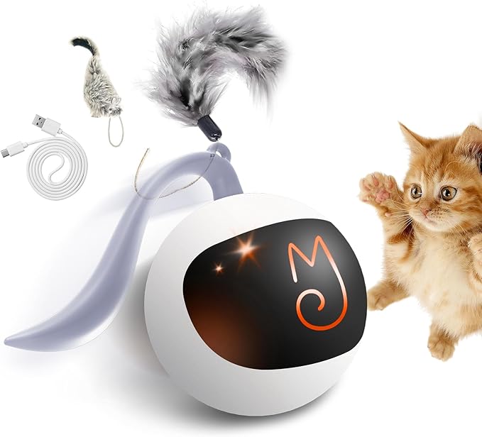 Migipaws Interactive Cat Ball Toy Set, Fun Tracker, Automatic Rolling Chase Ball with Fluffy Tail, A Small Mice, Rechargeable(White)