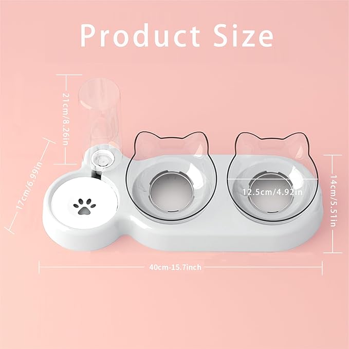Marchul Raised Three Cat Dishes for Food and Water, Pet Feeding Bowls with Automatic Water Bottle