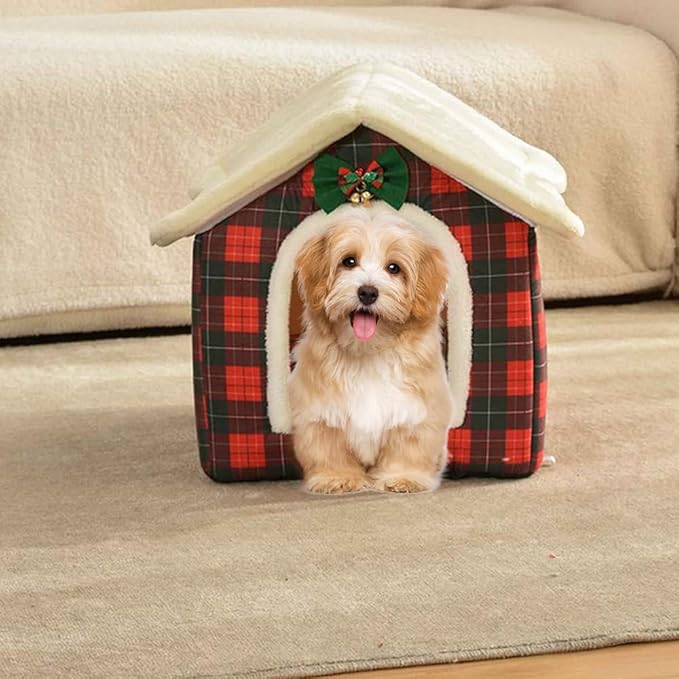 Christmas Cat Bed for Indoor Cats Plaid Christmas Cat Tent Cat Bed Cave for Pets Cats and Dogs (S(15.7 X 12.6 X 13.8 Inch))