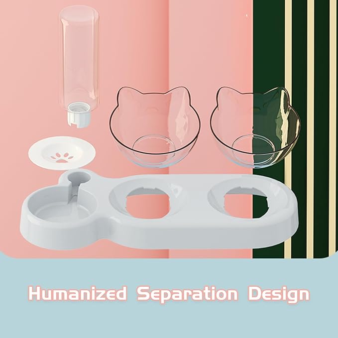 Marchul Raised Three Cat Dishes for Food and Water, Pet Feeding Bowls with Automatic Water Bottle