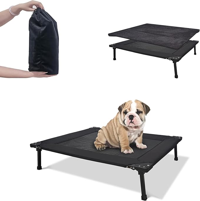 Pozico Foldable Dog Bed Cooling Raised Dog Bed with Metal Frame, Portable Dog Cots, Easy to Clean, Breathable Mesh, Small/Medium Dogs Cats Pets Bed, Indoor Outdoor Use, Travel, Camping, Black-M