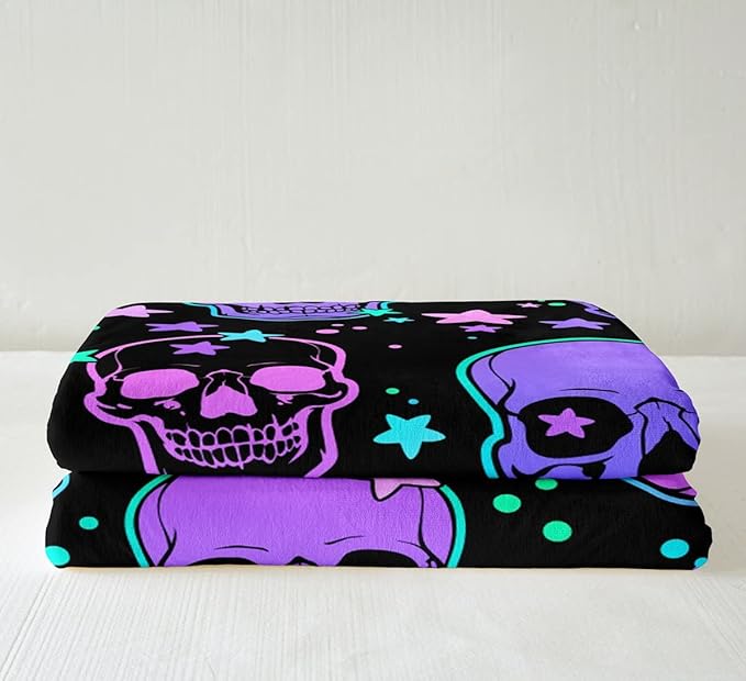 Sugar Skull Fleece Blanket Halloween Travel Throw for Couch - Trippy Galaxy Baby Size Purple Pink Death Skull - Psychedelic Stars Sherpa Hippie Room Decor for Kids Teens