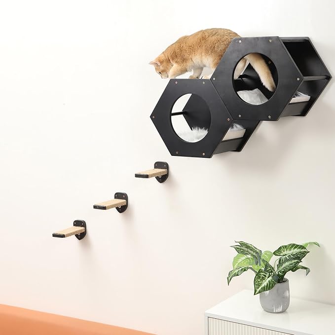 3 Pcs Cat Wall Steps, Cat Shelves and Perches for Wall, Wall-Mounted Cat Climbing Shelf with Hemp Rope Covered, Cat Wall Furniture Steps Set with Scratching Pads for Cats Playing and Climbing (Black)